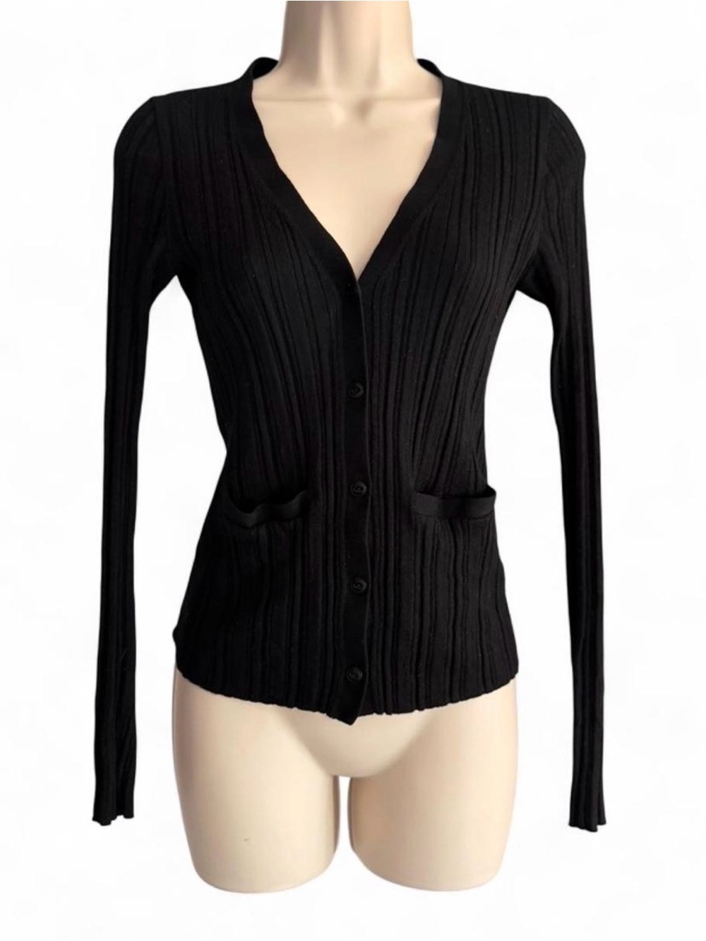 Buck Mason Wool Silk Cashmere Ribbed Cardigan Black Fitted Button Front S